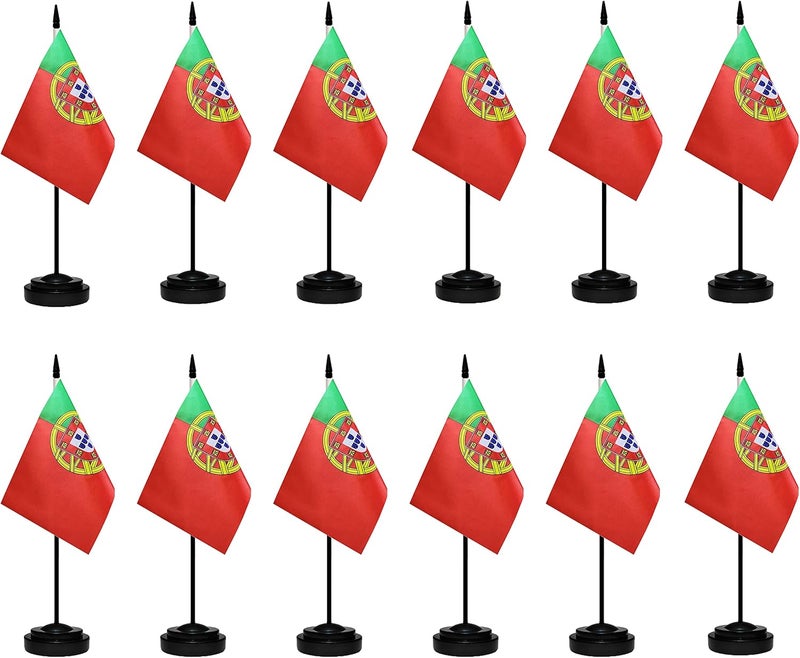 tibijoy Portuguese Flags Portugal Small Mini Desk Flags Set Small Mini Portuguese Flags Table Flag with 13" Black Pole, Black Base and Spear Top, Miniature Portugal Deluxe Desktop Flag, Home Decoration, Office Decoration, Festival Celebrations(12 Pack ) - Image 1